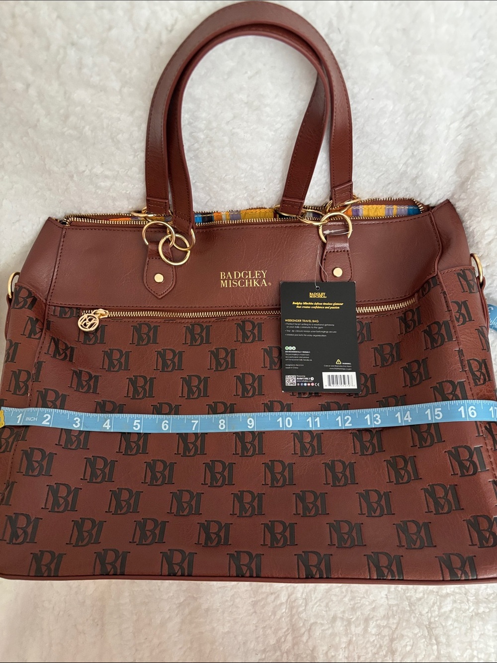 Badgley Mischka Chestnut Brown Logo Weekender/Travel Tote Bag with Gold Hardware - Picture 11 of 12